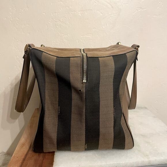 Fendi Foresta Boston Pequin Striped Suede & Leather Box Tote Satchel Bag - Picture 5 of 16